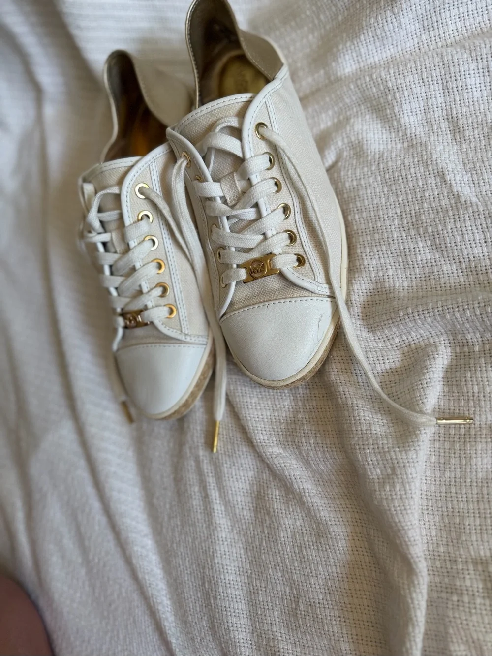 Michael Kors Cream Canvas & Leather Lace-Up Sneakers with Gold Accents